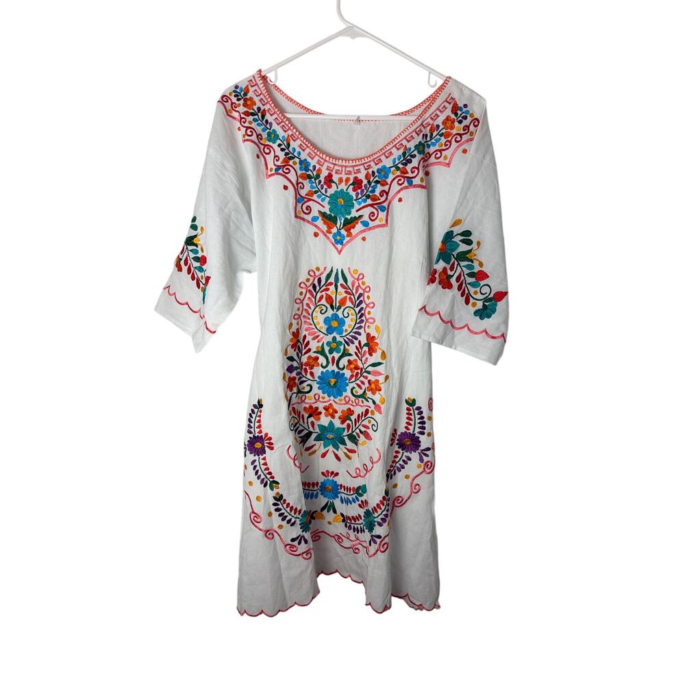 Vibrant Floral Embroidered Tunic Dress - Women's Size M
